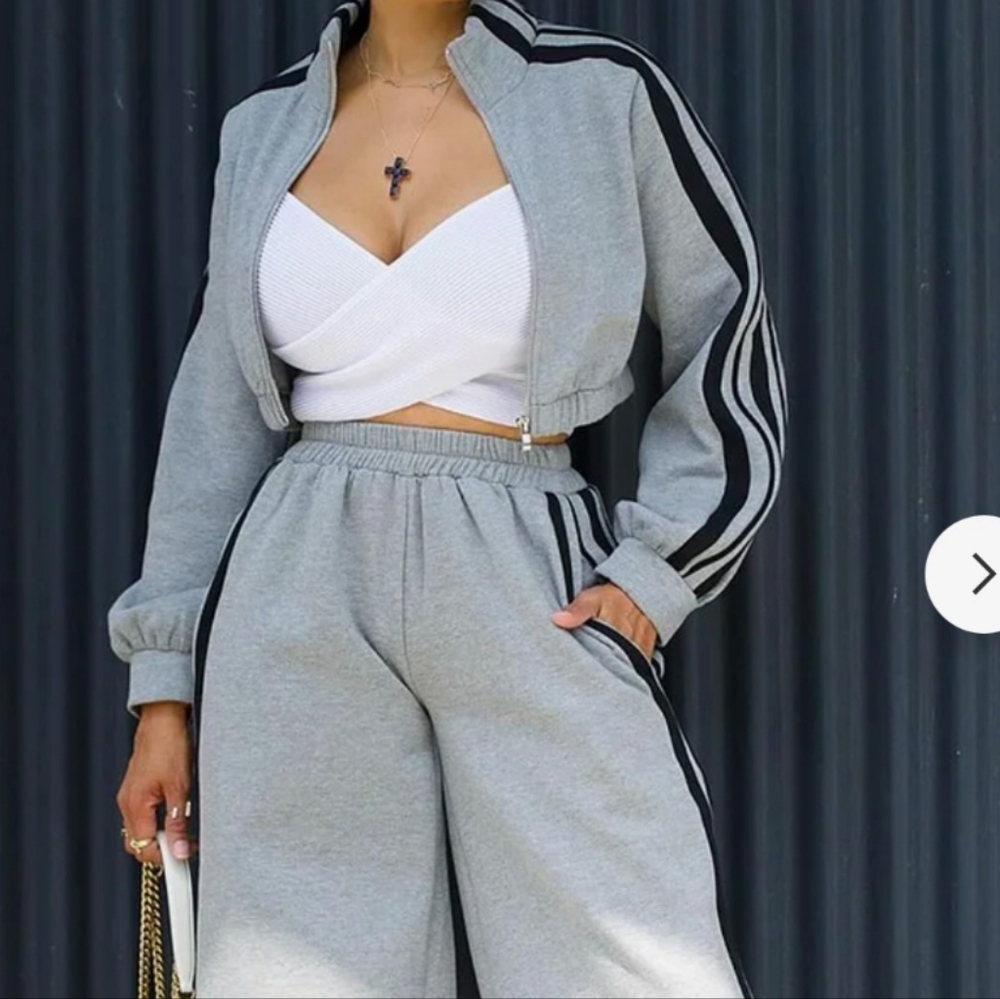 Colorblock Stripe Jacket with Wide Leg pants Casual  2 piece set (gray & black)